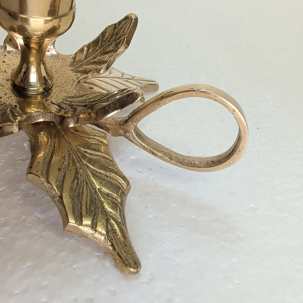 Brass‎ Candlestick Holder Holly Leaves Christmas Decor Made In India W/Handle 3